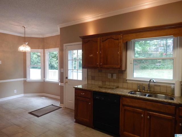 kitchen featuring an inviting chandelier, black dishwasher, hanging light fixtures, crown molding, and sink