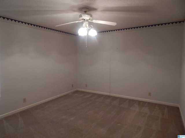 unfurnished room with a textured ceiling, ceiling fan, and carpet flooring