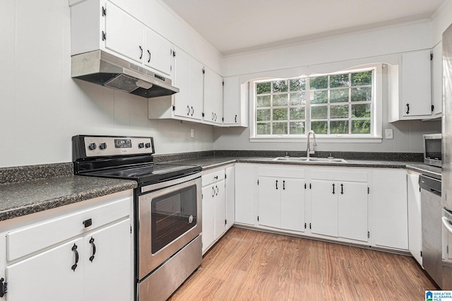 kitchen featuring sink, stainless steel appliances, white cabinets, and light hardwood / wood-style floors