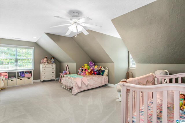 157 Hickory Ridge Dr, Glencoe, AL 35905 - bedroom featuring carpet, baseboards, lofted ceiling, a textured ceiling, and ceiling fan