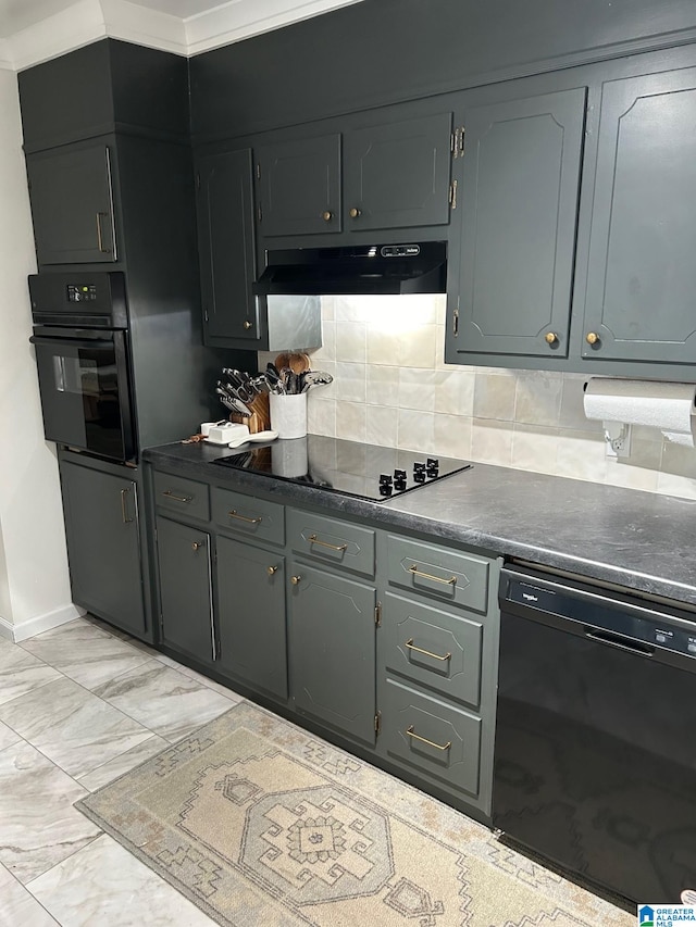 kitchen featuring tasteful backsplash, gray cabinets, and black appliances