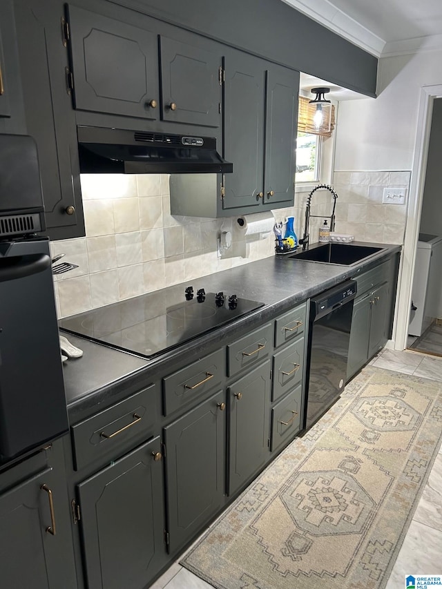 kitchen featuring black appliances, gray cabinetry, and sink