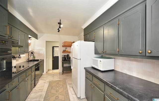 kitchen with tasteful backsplash, white appliances, crown molding, sink, and light tile patterned floors