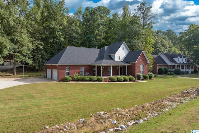 cape cod-style house with a garage, a porch, and a front lawn