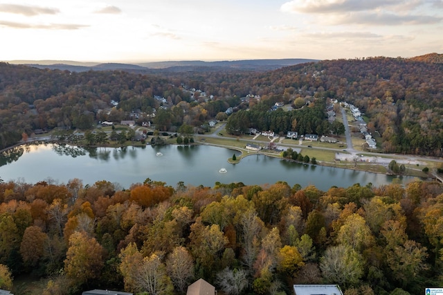 aerial view at dusk featuring a water view