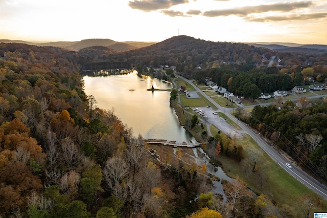 aerial view at dusk with a water and mountain view