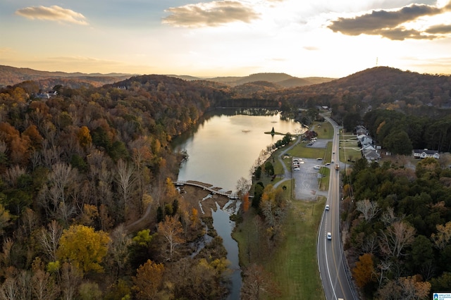 aerial view at dusk with a water view