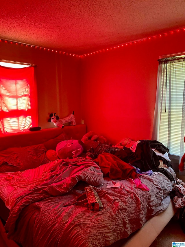 bedroom with a textured ceiling and multiple windows