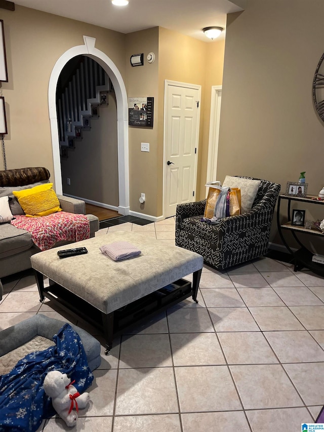 living room featuring tile patterned flooring