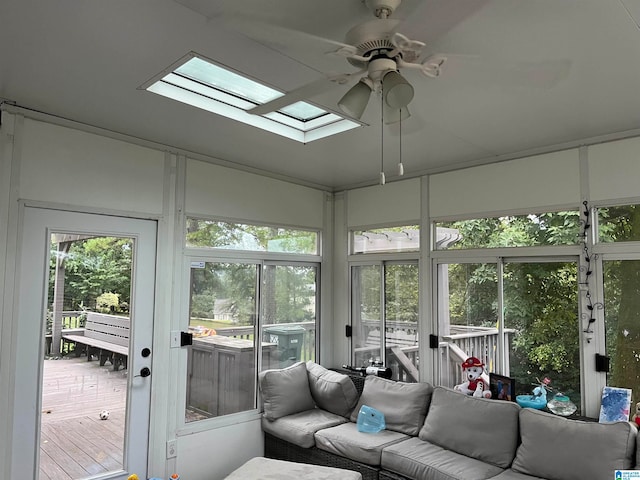 sunroom / solarium featuring ceiling fan and a skylight