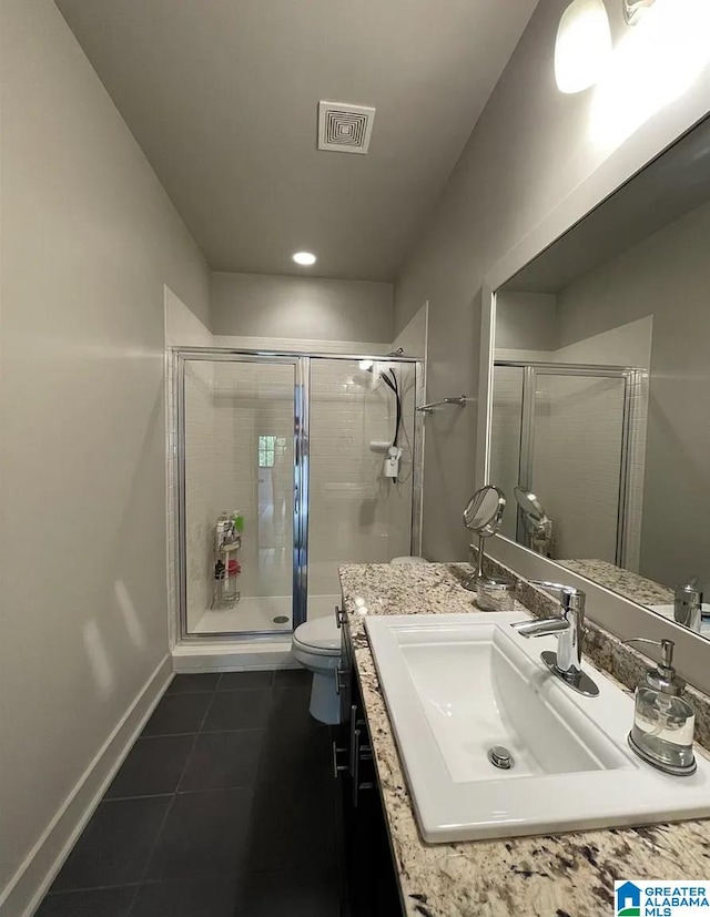 bathroom with tile patterned floors, walk in shower, vanity, and toilet