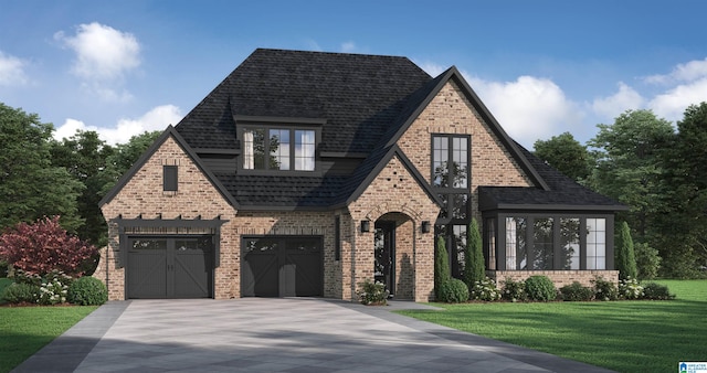 tudor-style house featuring a front yard, roof with shingles, an attached garage, concrete driveway, and brick siding