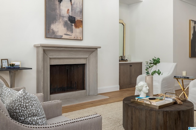 living room with a high end fireplace, baseboards, and wood finished floors