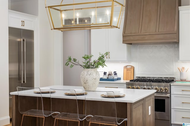 kitchen with decorative backsplash, light countertops, high end appliances, and exhaust hood