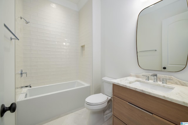 full bathroom with shower / tub combination, marble finish floor, toilet, and vanity