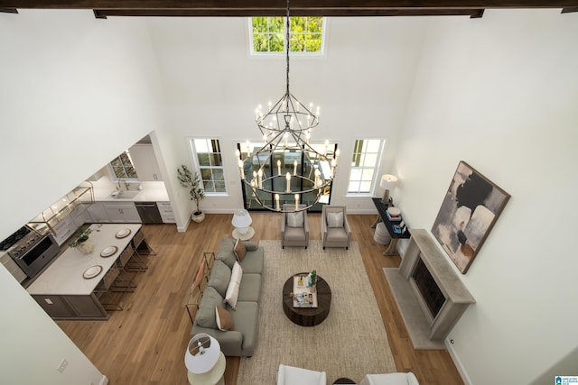 living room with plenty of natural light, a high ceiling, and wood finished floors