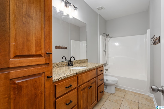 full bathroom with shower / tub combination, vanity, toilet, and tile patterned floors