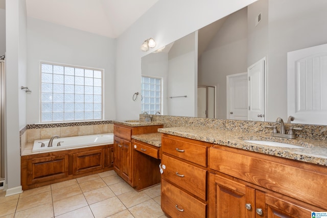 bathroom with vanity, separate shower and tub, and tile patterned floors