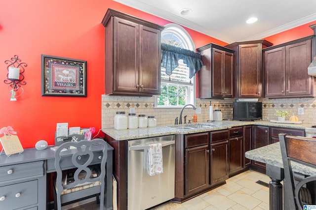 kitchen with backsplash, ornamental molding, dishwasher, and sink