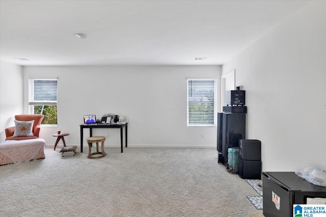 living area with light carpet