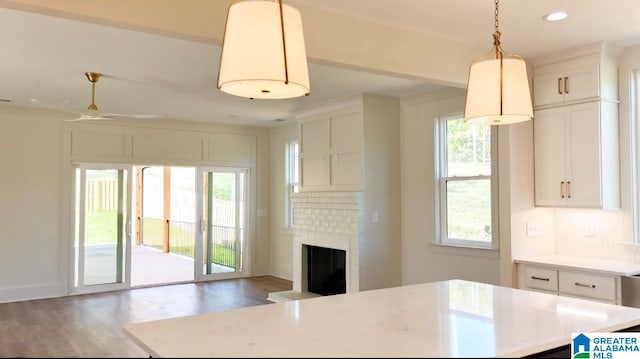 kitchen featuring hardwood / wood-style flooring, hanging light fixtures, a brick fireplace, white cabinets, and tasteful backsplash