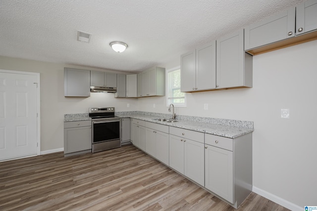 kitchen with light wood-type flooring, a textured ceiling, stainless steel electric stove, and sink