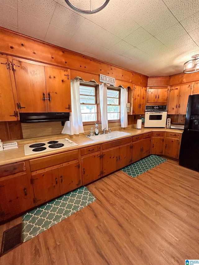 kitchen with light hardwood / wood-style flooring, sink, and white appliances