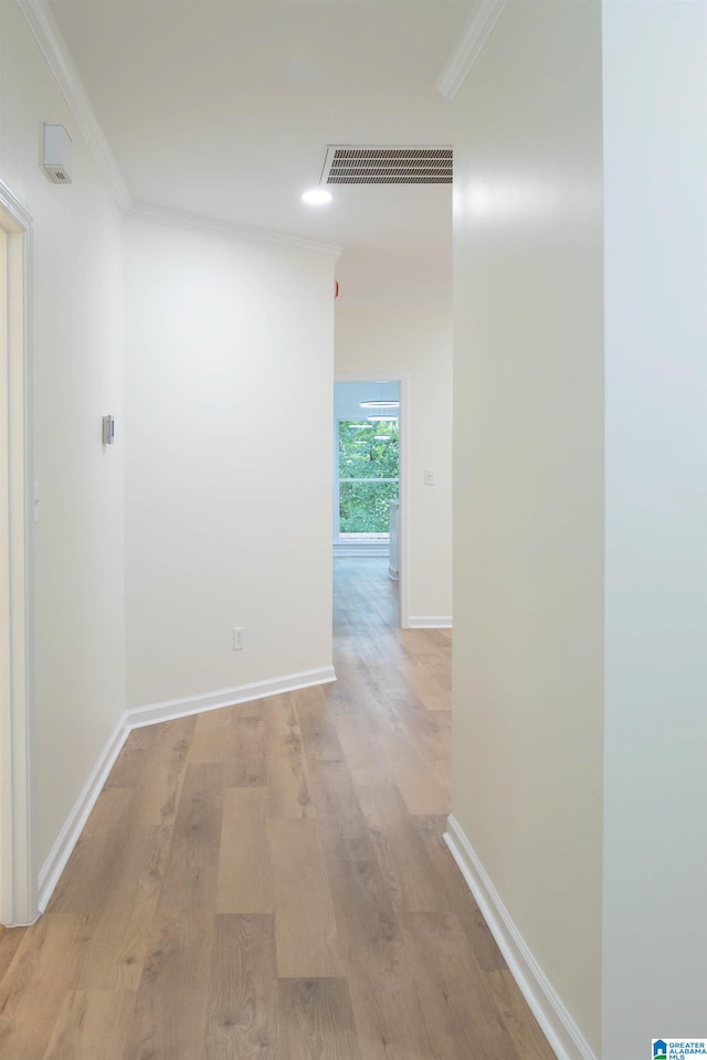 hall featuring light hardwood / wood-style floors and crown molding