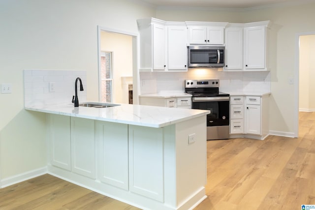 kitchen featuring backsplash, sink, appliances with stainless steel finishes, white cabinetry, and kitchen peninsula