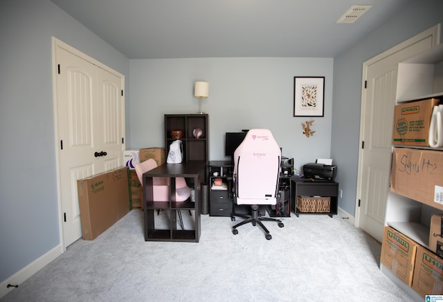 view of carpeted home office