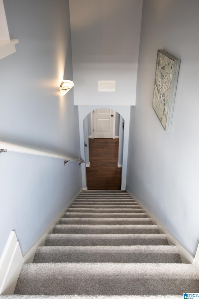 stairs featuring carpet flooring