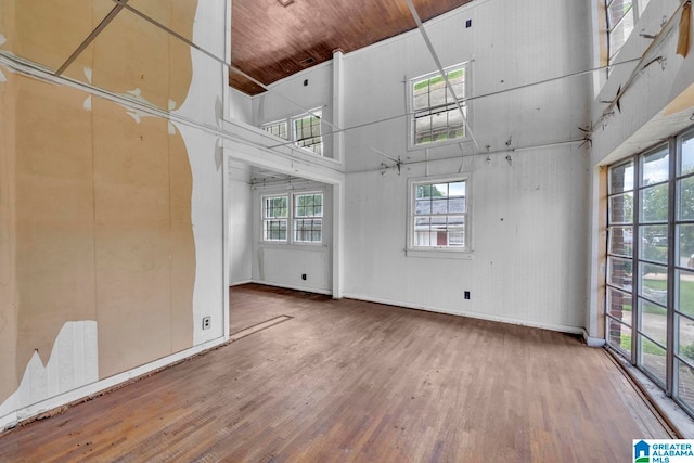 unfurnished living room with wood-type flooring, wood ceiling, wooden walls, and a towering ceiling