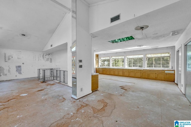 unfurnished living room with lofted ceiling