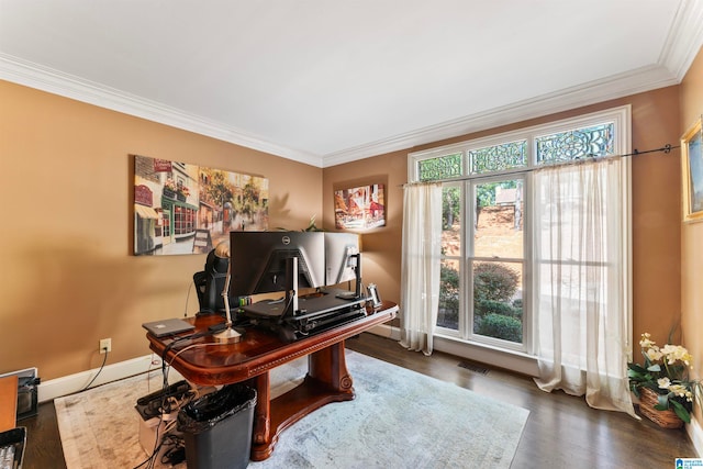 office area featuring plenty of natural light, dark wood-type flooring, and crown molding