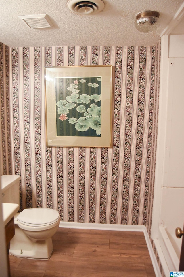 bathroom with wood-type flooring, a textured ceiling, vanity, and toilet