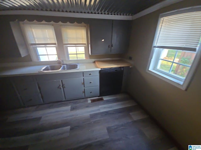kitchen with light countertops, visible vents, dishwasher, a sink, and gray cabinets