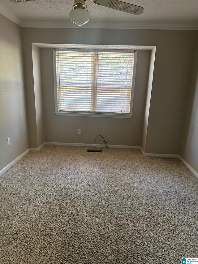 unfurnished room featuring crown molding, baseboards, carpet flooring, and a textured ceiling