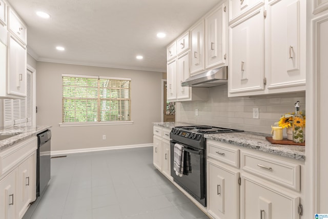 kitchen featuring black appliances, light stone countertops, crown molding, white cabinetry, and tasteful backsplash