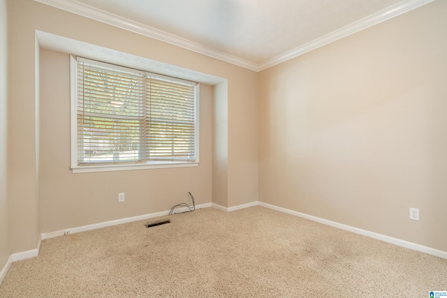 carpeted spare room featuring crown molding