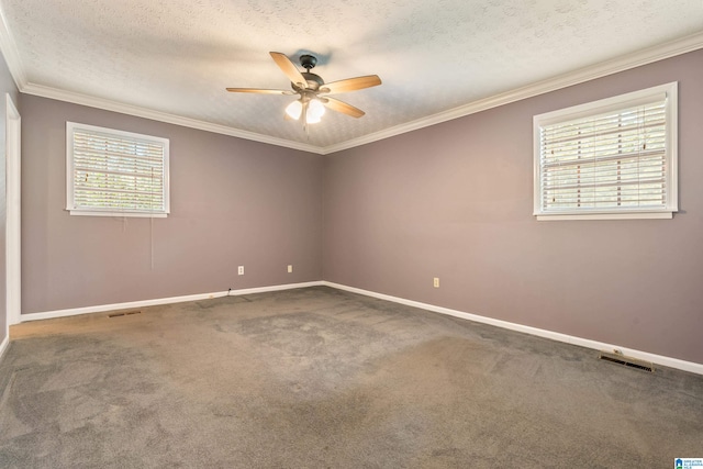 unfurnished room with carpet, crown molding, a textured ceiling, and ceiling fan