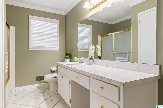 bathroom featuring visible vents, ornamental molding, toilet, vanity, and tile patterned floors