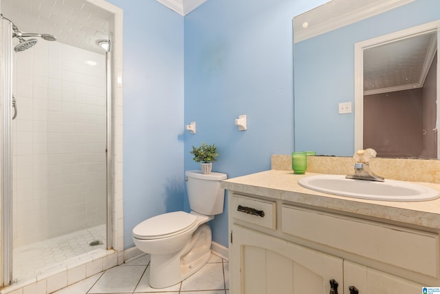 bathroom with a shower with door, toilet, tile patterned floors, vanity, and ornamental molding