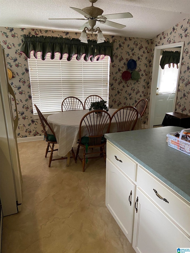 dining space with ceiling fan and a textured ceiling