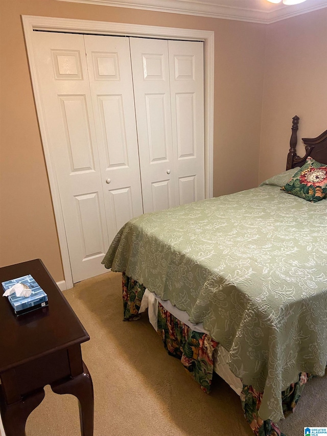 bedroom with ornamental molding, a closet, and carpet floors