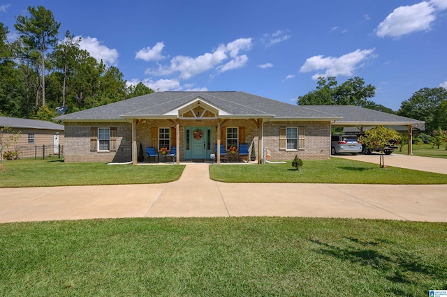 ranch-style home with a front yard, covered porch, and a carport