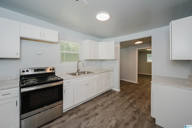 kitchen with white cabinetry, dark hardwood / wood-style floors, stainless steel electric stove, and sink