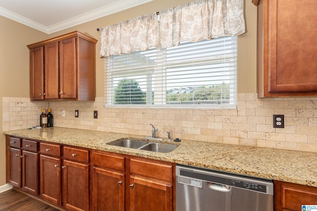 kitchen featuring dark wood-type flooring, backsplash, crown molding, stainless steel dishwasher, and sink