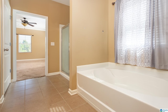 bathroom with independent shower and bath, ornamental molding, ceiling fan, and tile patterned floors