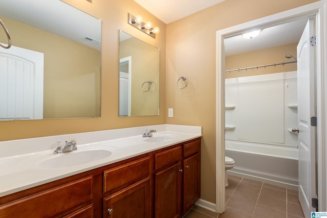 full bathroom with vanity, toilet, shower / bathing tub combination, and tile patterned floors