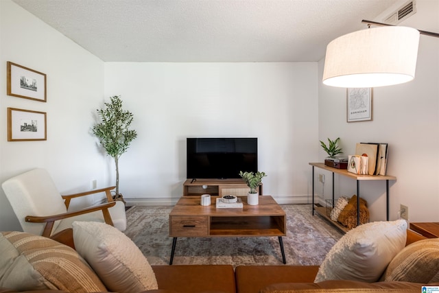 living room with a textured ceiling